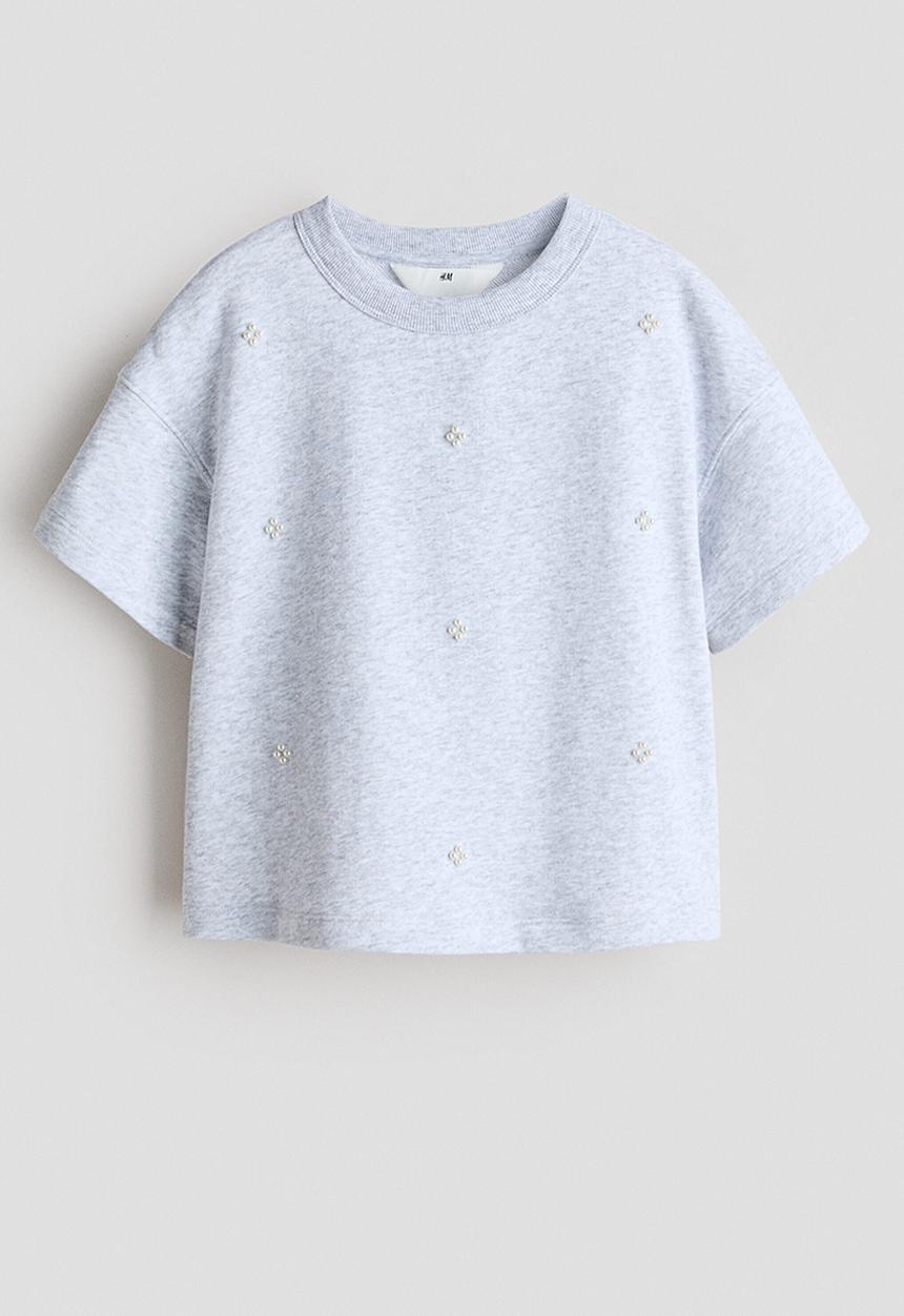H&M - Motif-detail t-shirt - light grey marl/beads