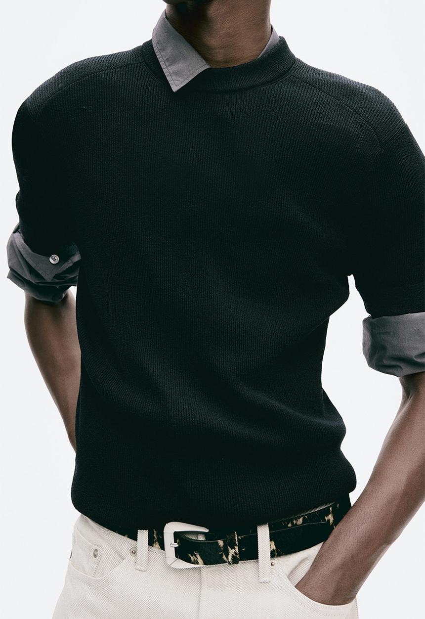 H&M - H&M Atelier: Slim fit knitted wool-blend t-shirt - navy blue