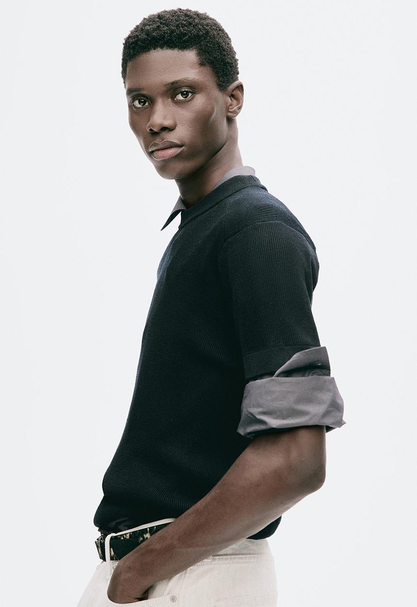 H&M - H&M Atelier: Slim fit knitted wool-blend t-shirt - navy blue