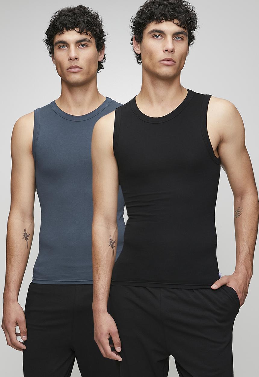 Bear - 2pk cotton elastane vests - black/moonlight navy