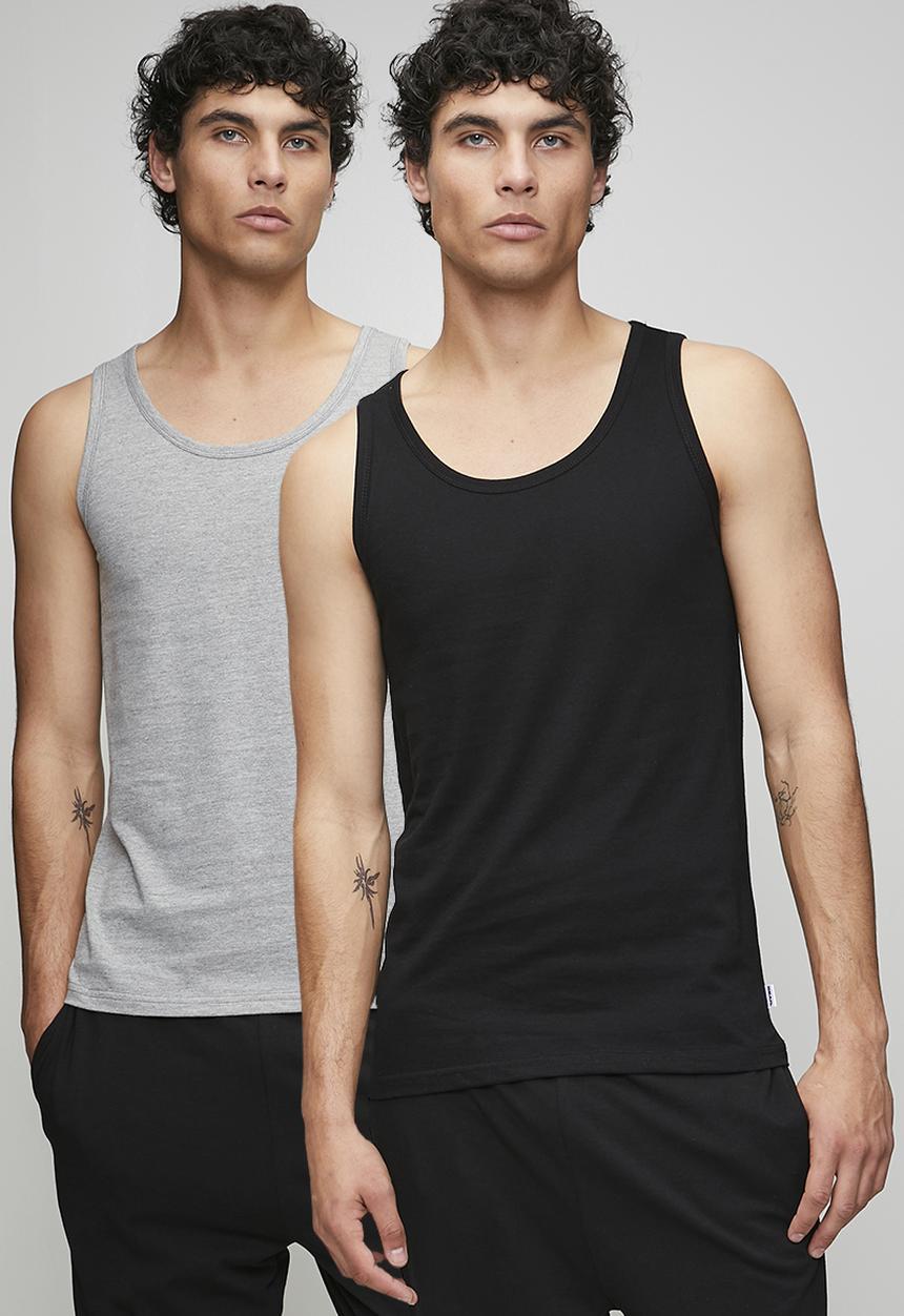 Bear - 2Pk cotton elastane vests - grey melange/black