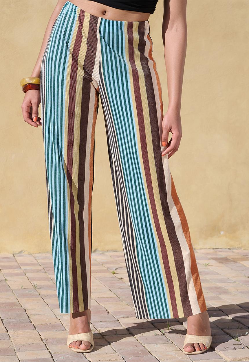 Me&B - Straight Leg Plisse Pull On Pants - Multistripe