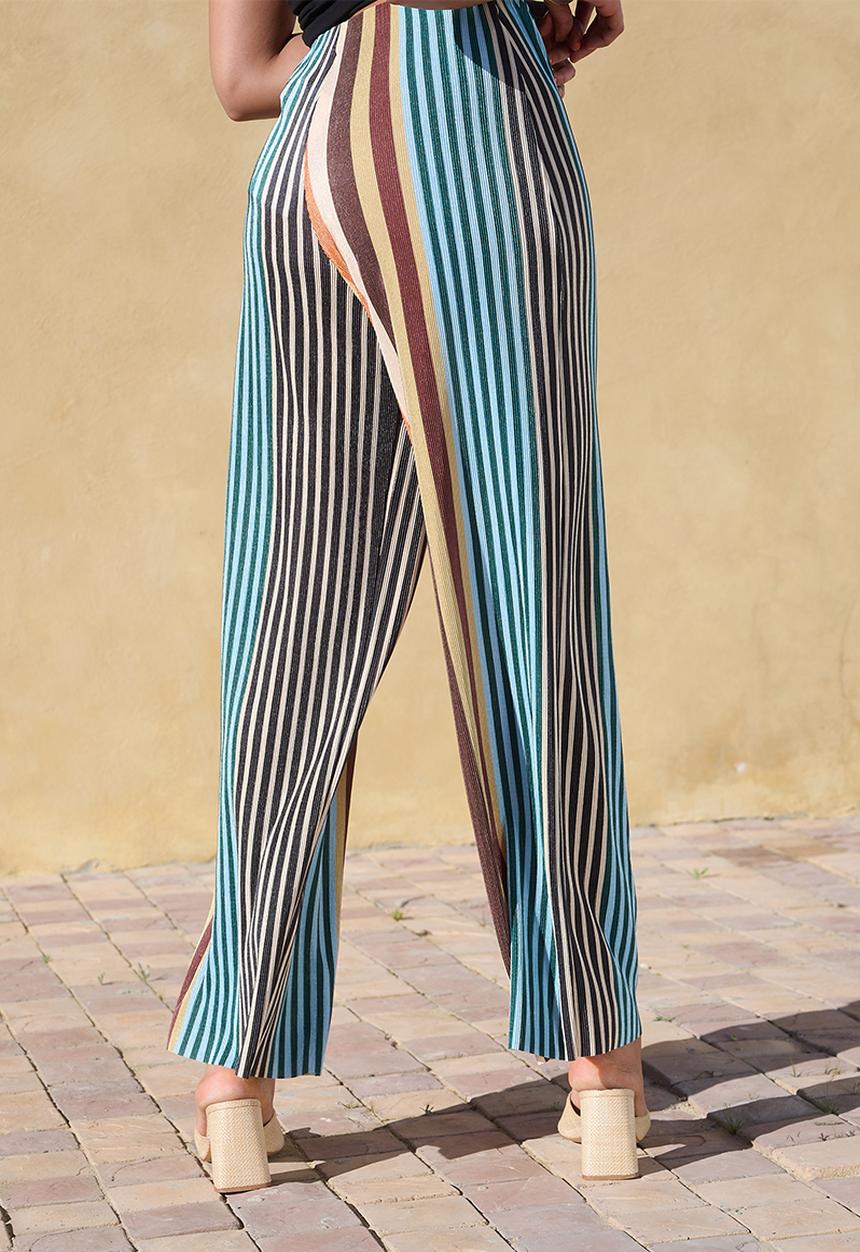 Me&B - Straight Leg Plisse Pull On Pants - Multistripe