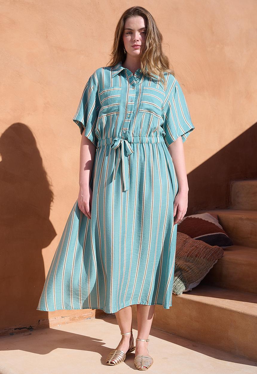 Me&B - Drawstring Waist Pocket Shirt Dress - White Stripe