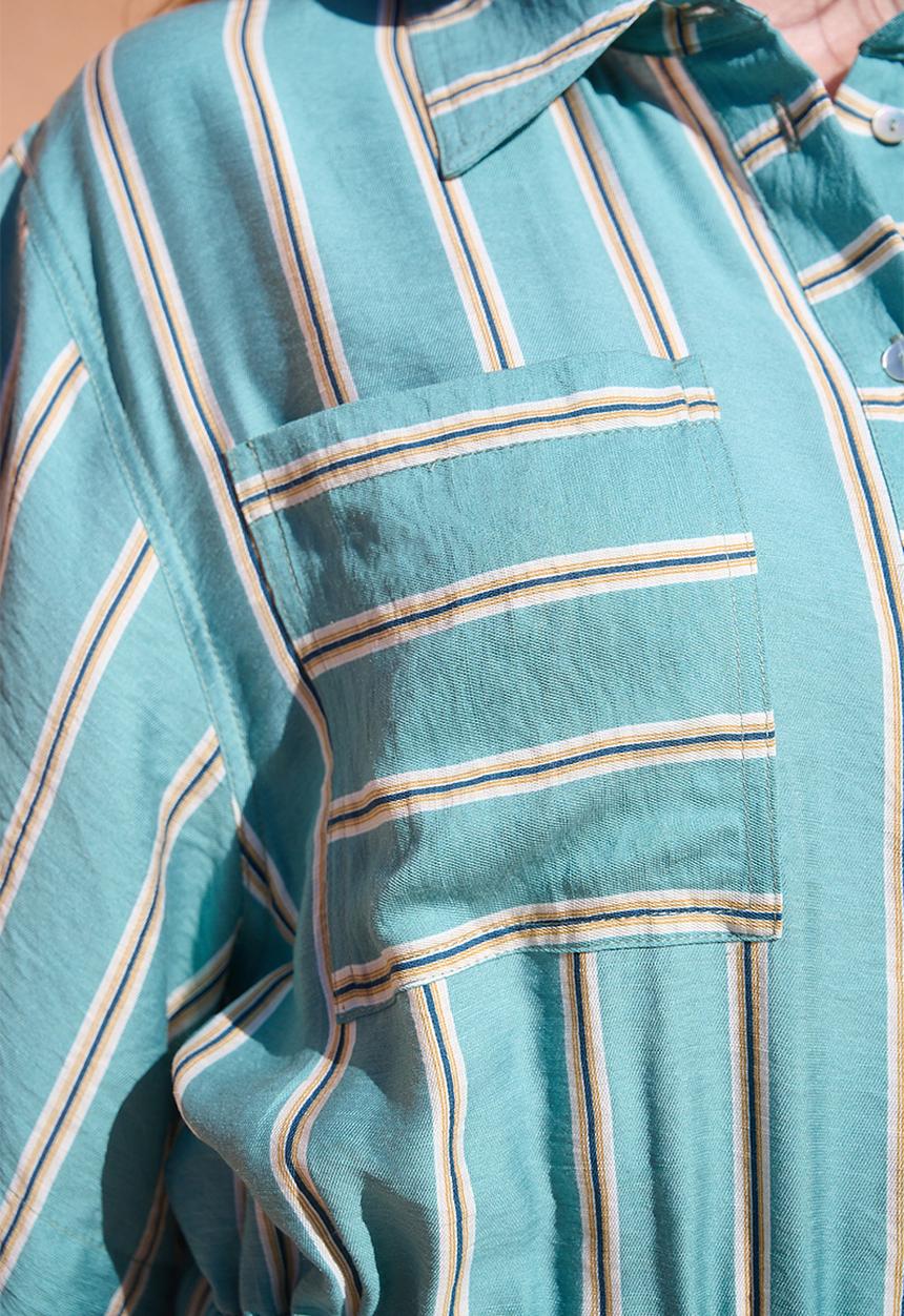 Me&B - Drawstring Waist Pocket Shirt Dress - White Stripe