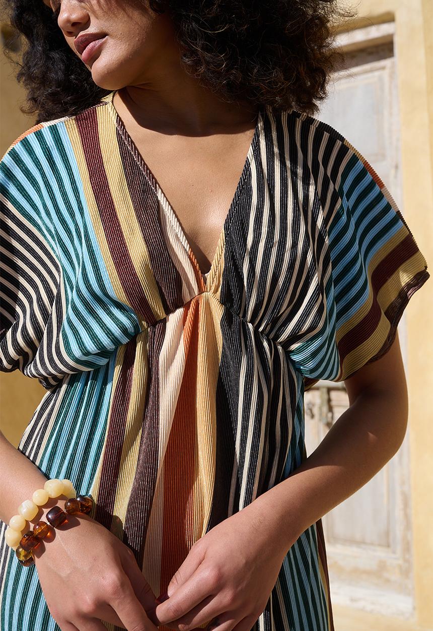 Me&B - Plisse Joy Kaftan Sleeve Dress - Multistripe