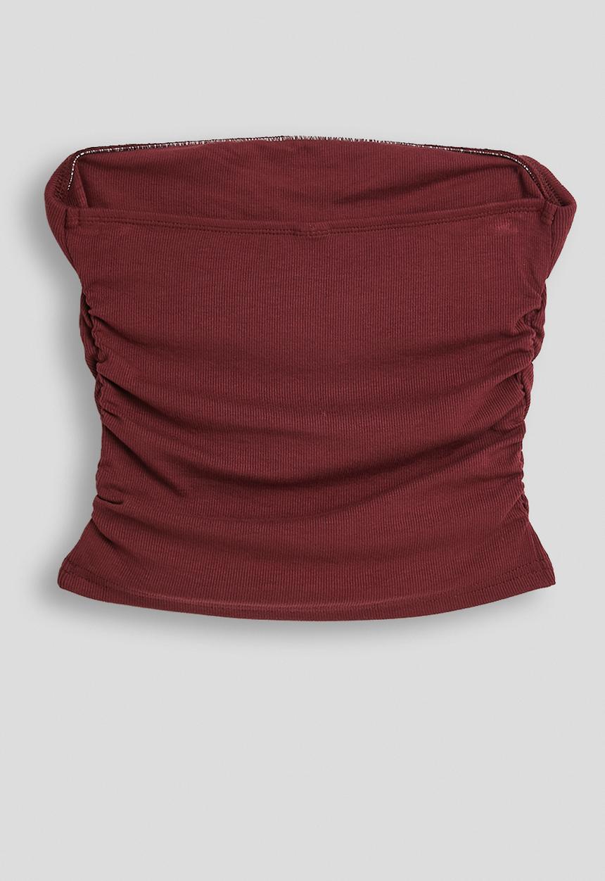 Pop Candy - Ribbed side ruched tube top - burgundy