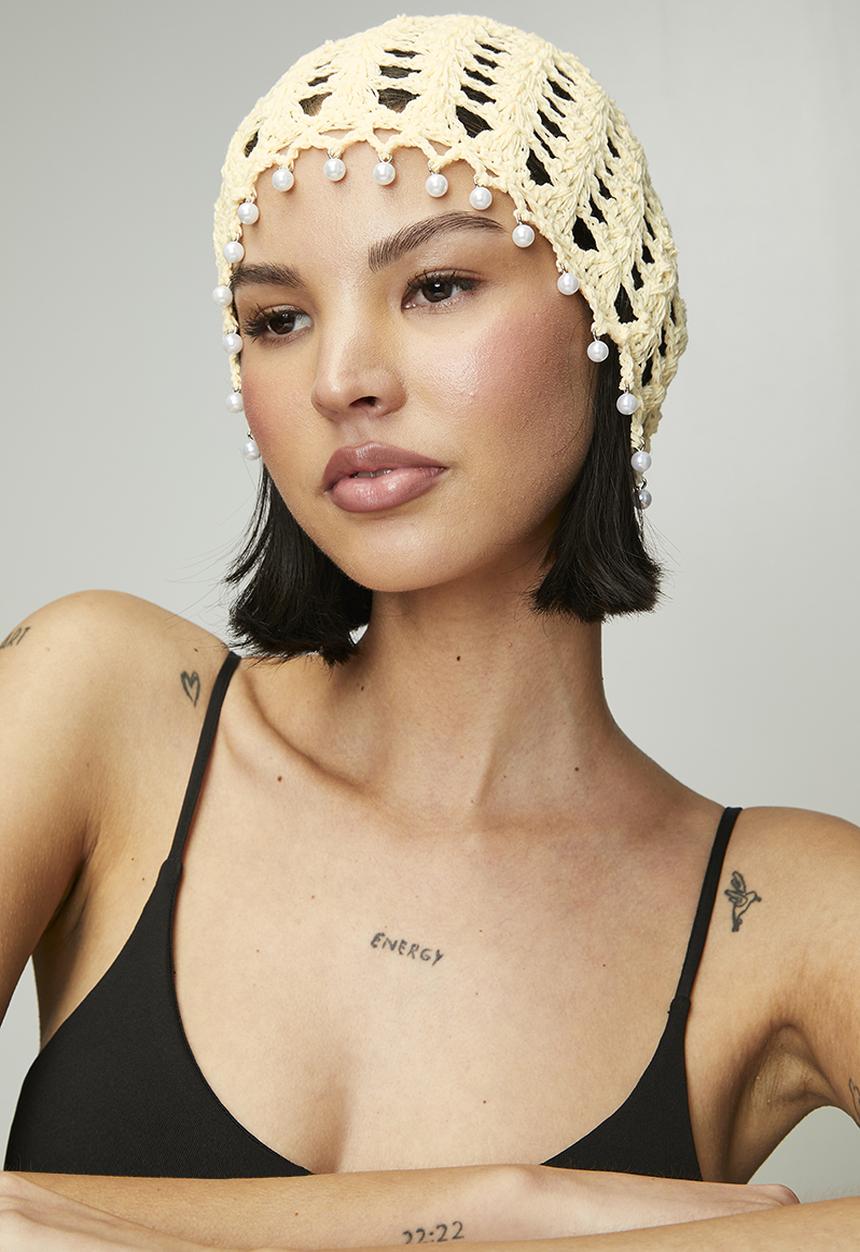 Tessa Design - Nevaeh Crochet Beanie With Silver Beaded Trim-Cream
