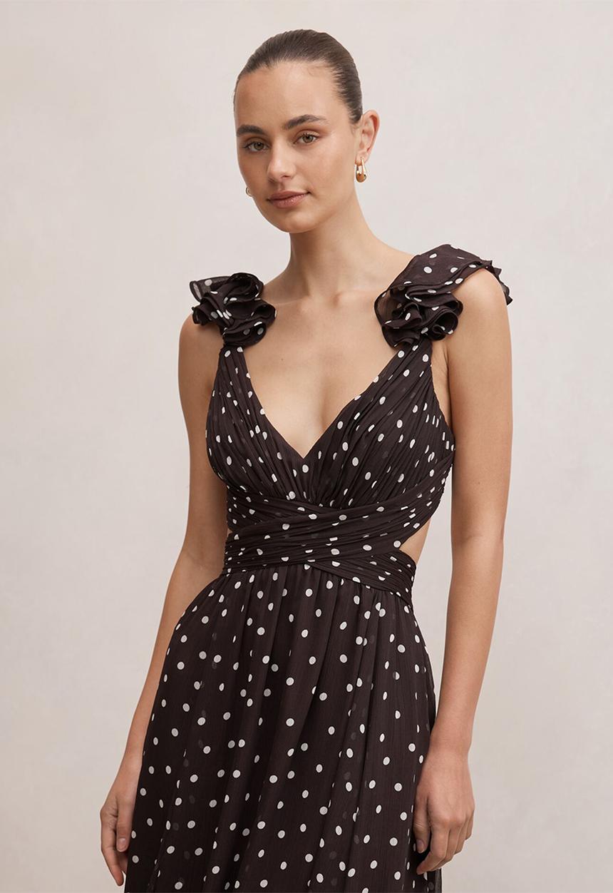Forever New - Selena ruffle shoulder maxi dress - brown vale spot