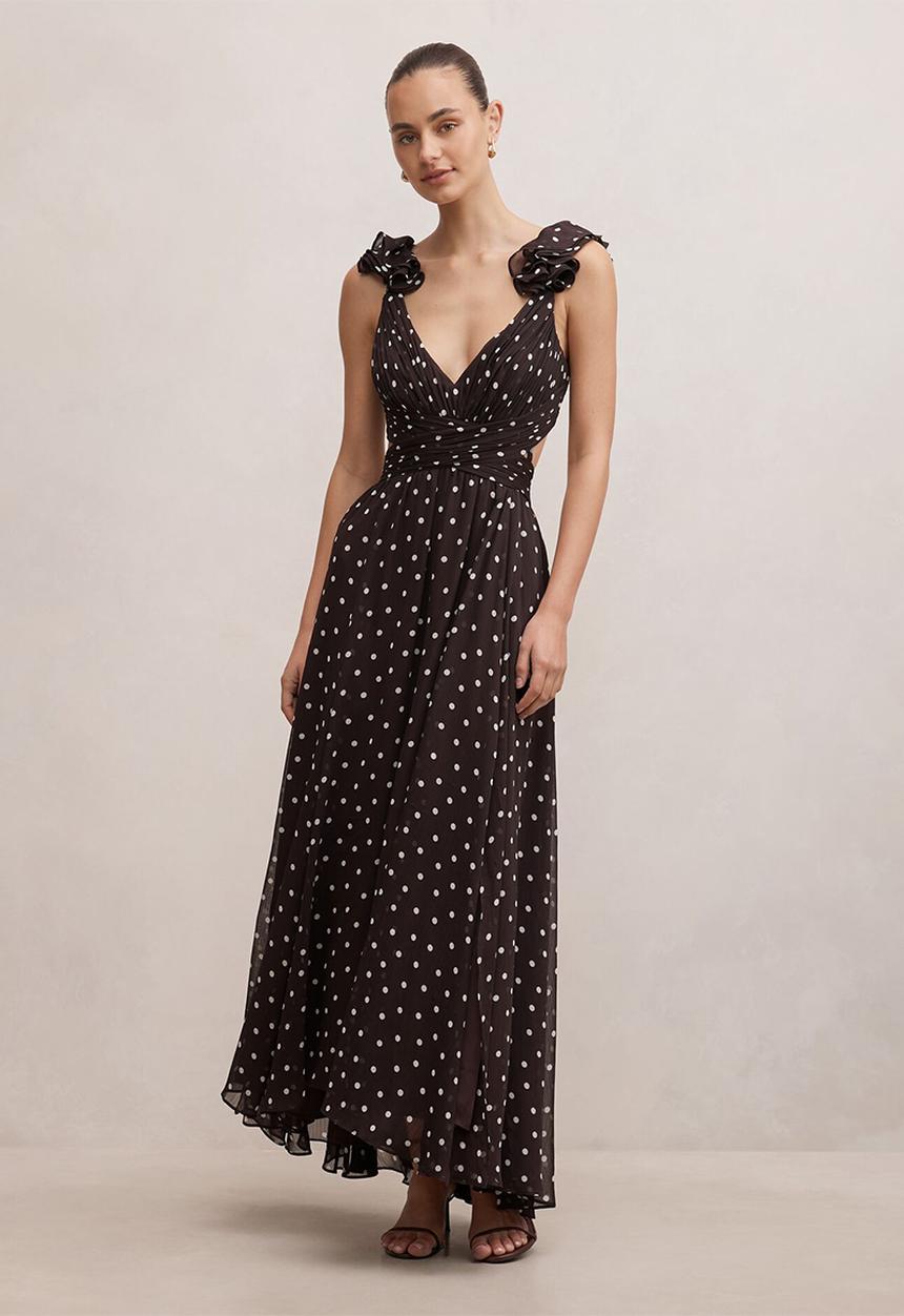 Forever New - Selena ruffle shoulder maxi dress - brown vale spot