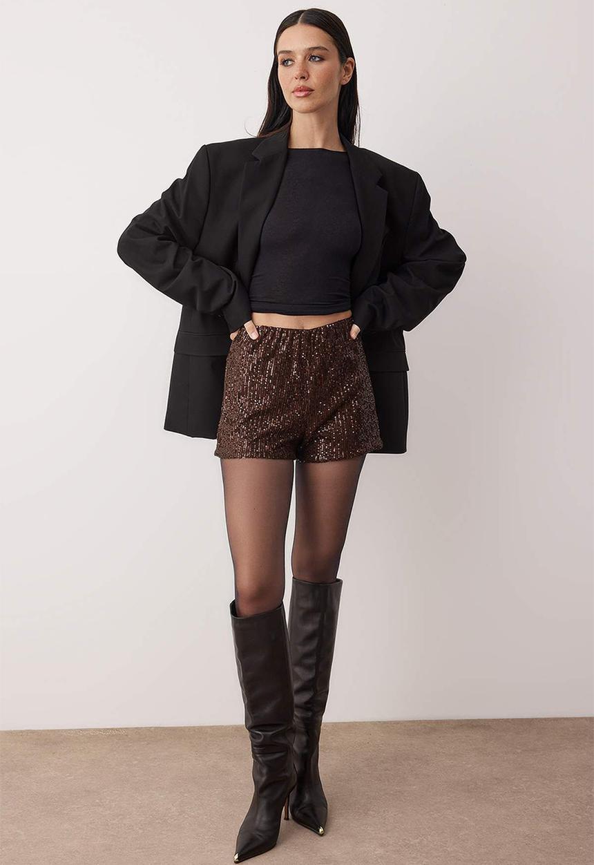 Trendyol - Sequin Knit Mini Shorts - Brown