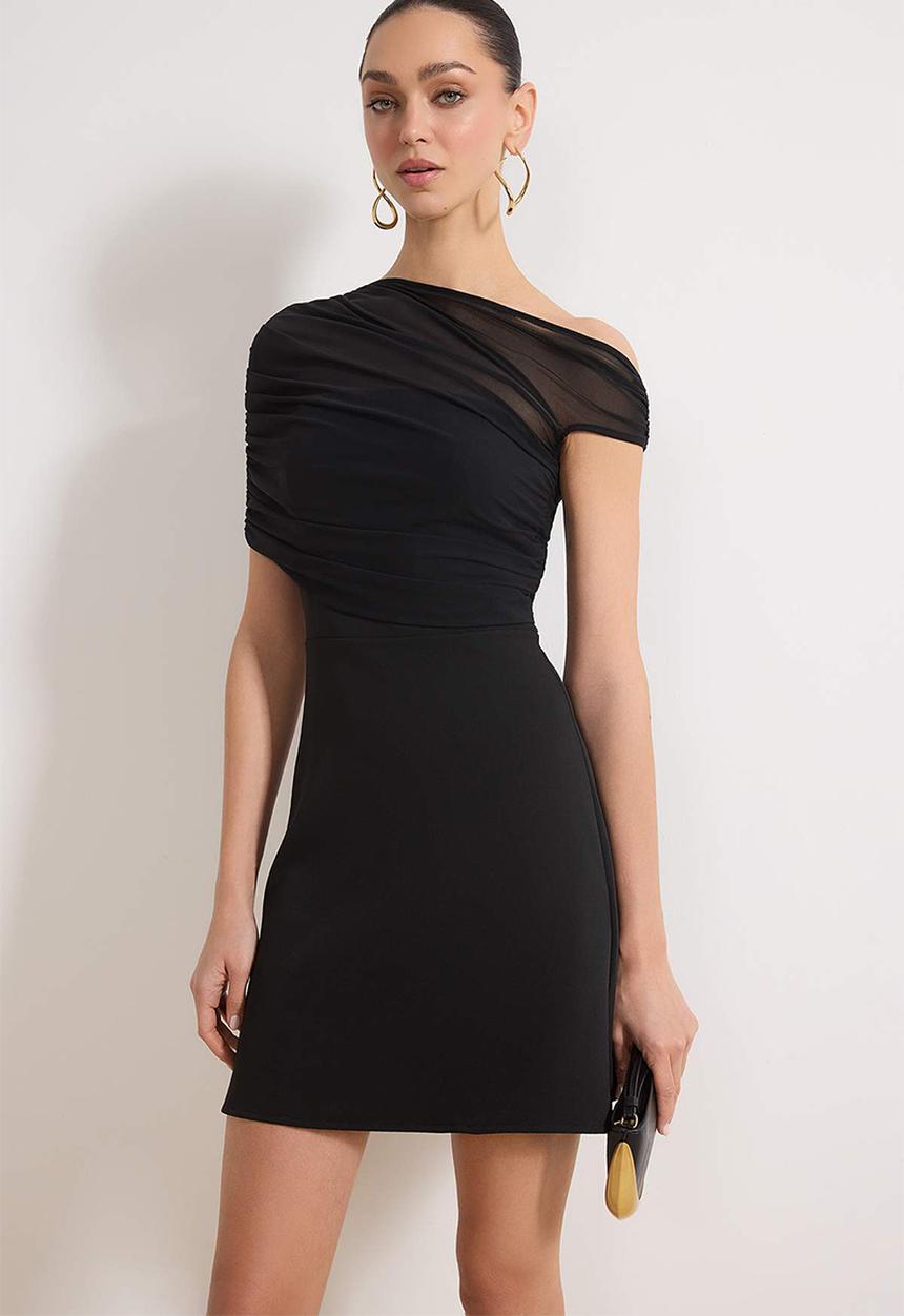 Trendyol - Tulle Detail A-Line Mini Dress - Black