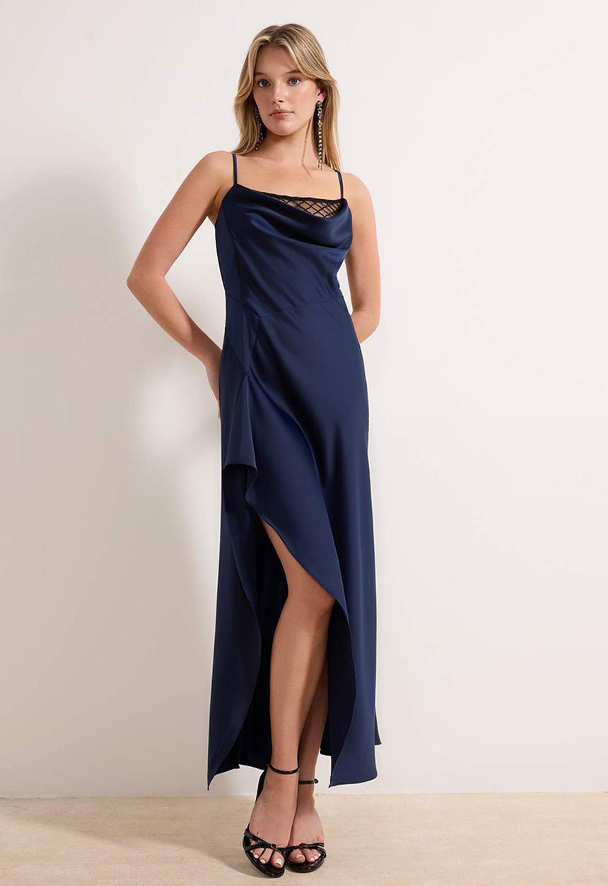 Trendyol - Degaje Collar Slip Maxi Dress - Navy Blue