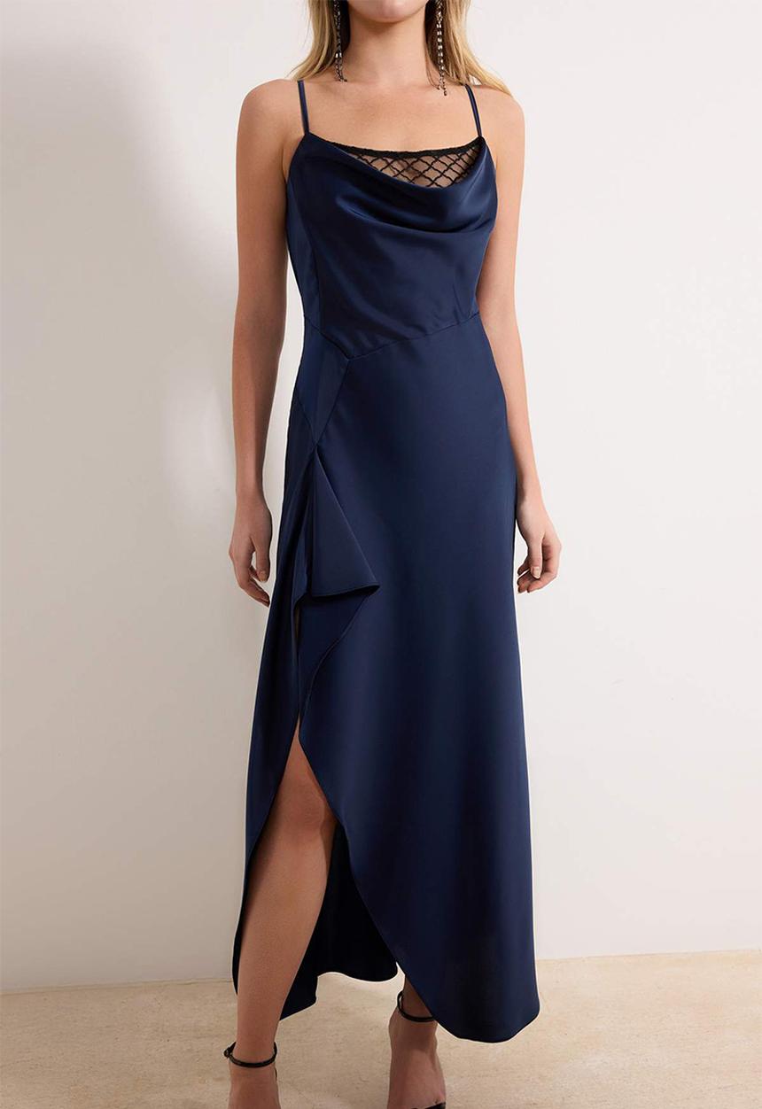 Trendyol - Degaje Collar Slip Maxi Dress - Navy Blue