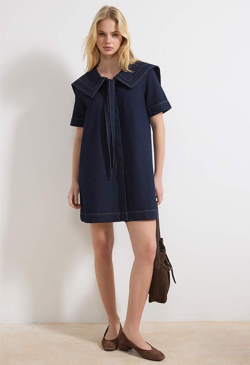 Trendyol - Peter Pan Collar Cotton Mini Denim Dress - Blue