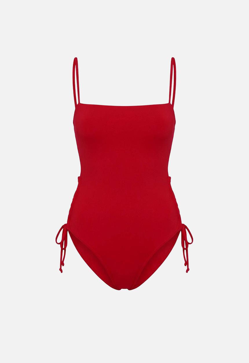 Trendyol - Strapless covered ribbed swimsuit - red