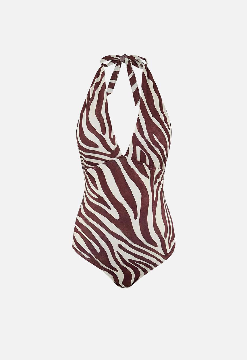 Trendyol - Zebra patterned deep v-neck swimsuit - brown
