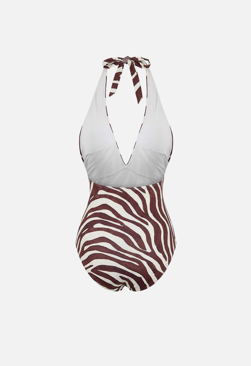 Trendyol - Zebra patterned deep v-neck swimsuit - brown