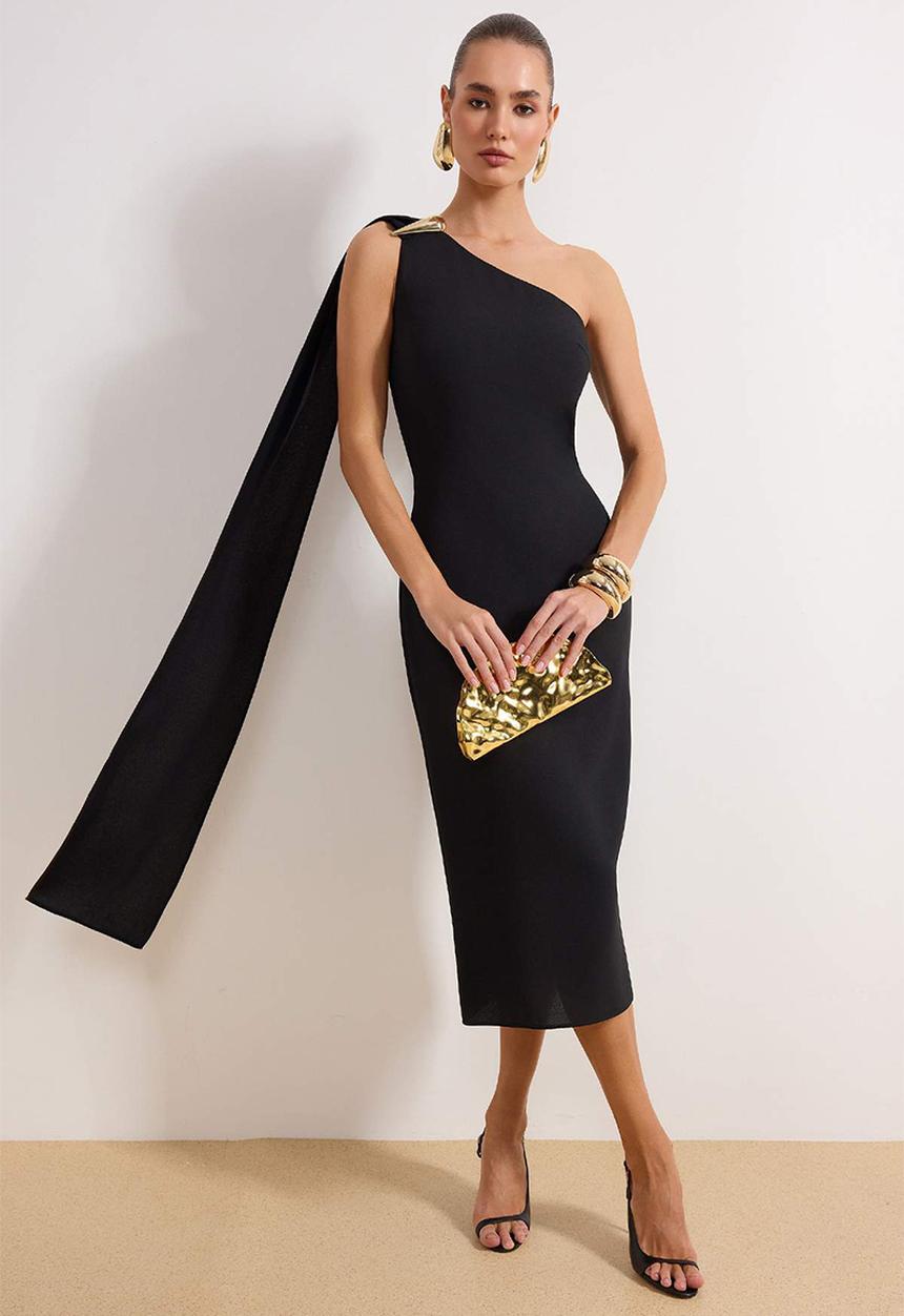 Trendyol - Bodycon Crepe Midi Dress with Shawl and Accessory Detail - Black