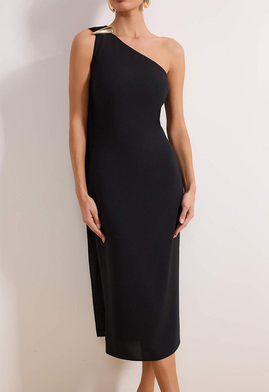 Trendyol - Bodycon Crepe Midi Dress with Shawl and Accessory Detail - Black