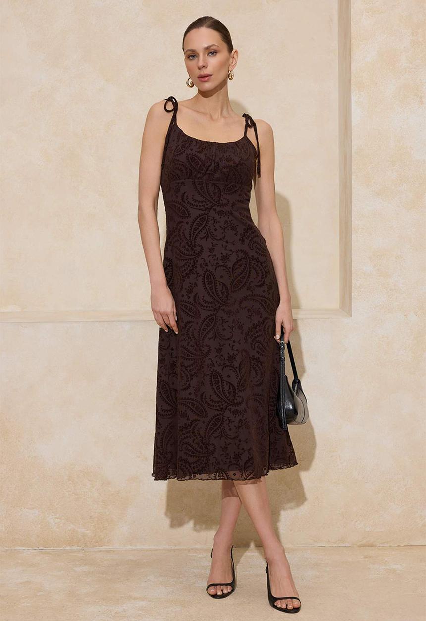 Trendyol - Floral Ruched Midi Tulle Knit Dress - Brown