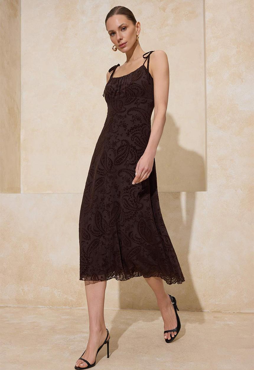 Trendyol - Floral Ruched Midi Tulle Knit Dress - Brown