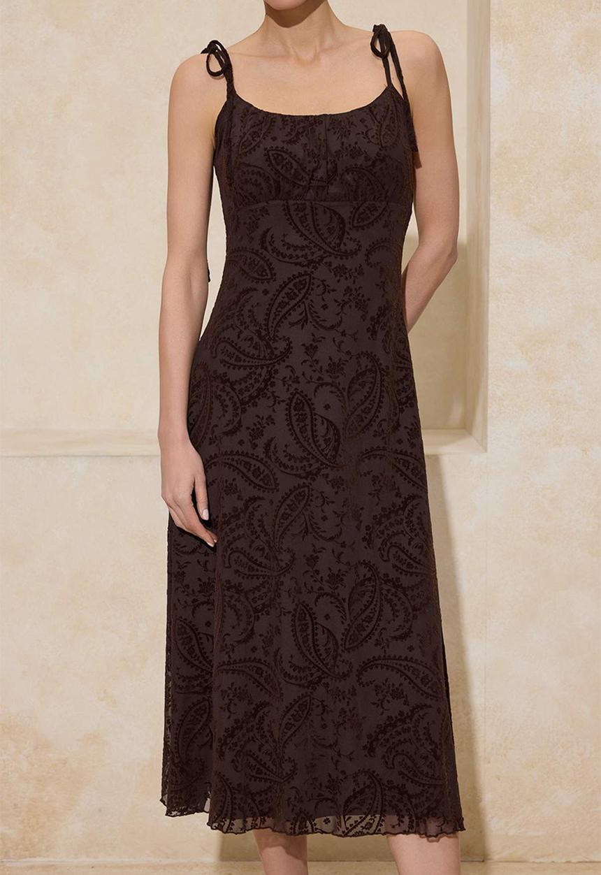Trendyol - Floral Ruched Midi Tulle Knit Dress - Brown