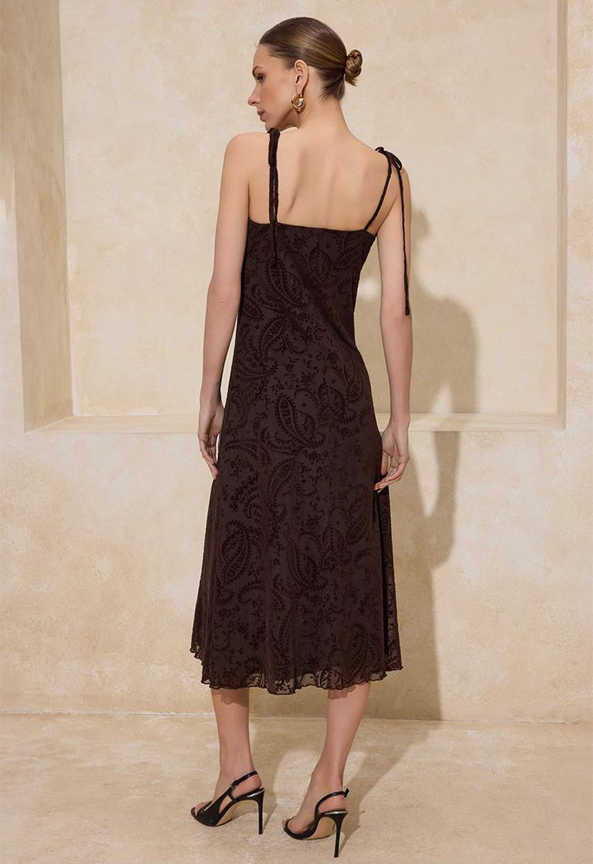 Trendyol - Floral Ruched Midi Tulle Knit Dress - Brown
