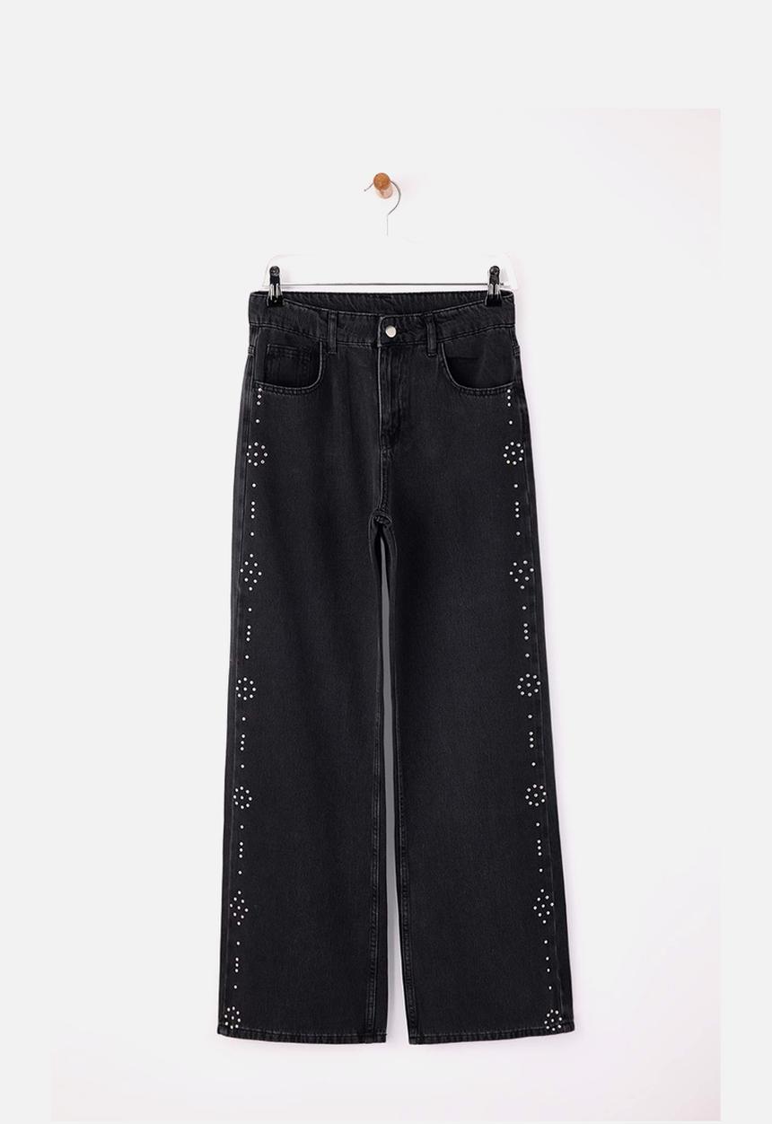 Trendyol - High-Waist Cotton Wide-Leg Jeans with Stone Detail - Black