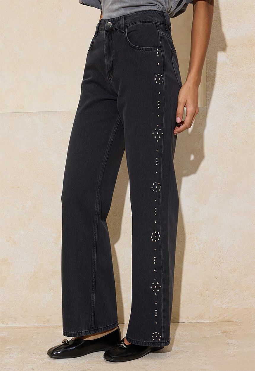Trendyol - High-Waist Cotton Wide-Leg Jeans with Stone Detail - Black