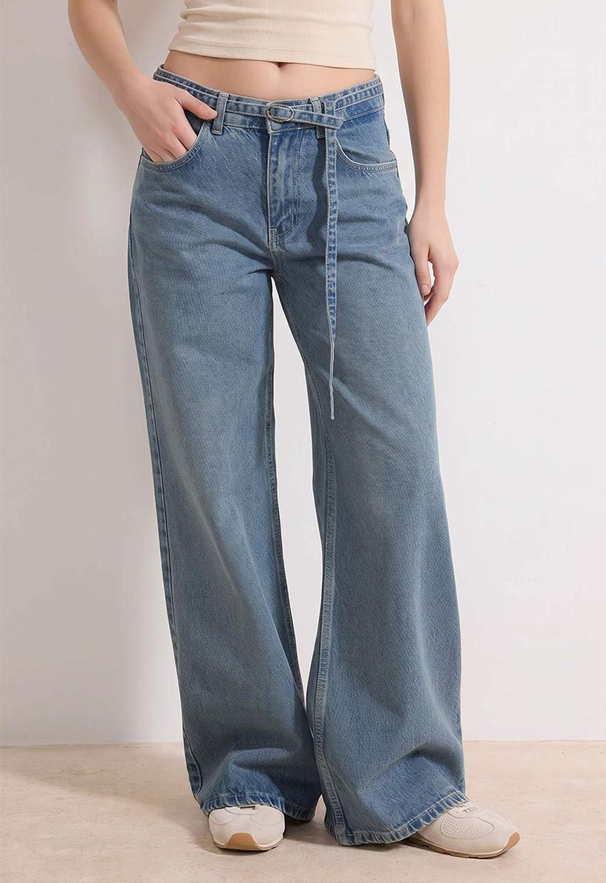 Trendyol - Belted High-Waist Wide-Leg Cotton Jeans - Blue