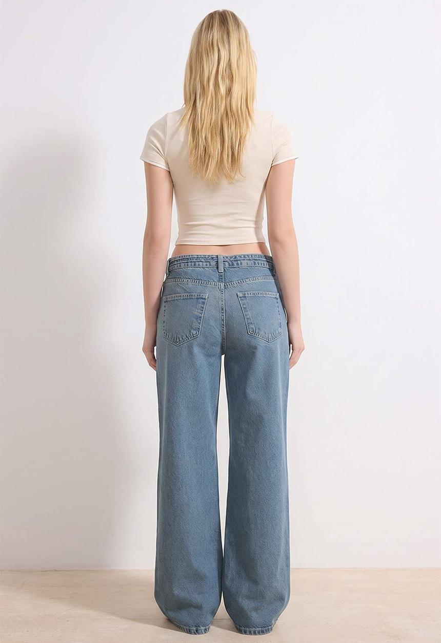 Trendyol - Belted High-Waist Wide-Leg Cotton Jeans - Blue