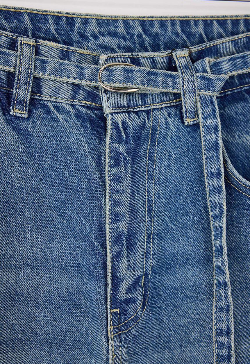 Trendyol - Belted High-Waist Wide-Leg Cotton Jeans - Blue