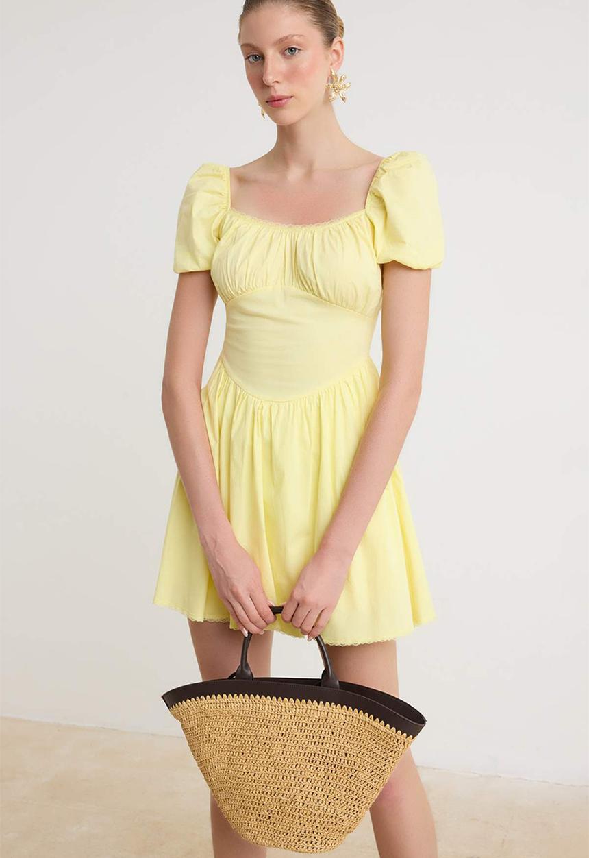 Trendyol - Square Neck Cut-Out Skater Mini Dress - Light Yellow