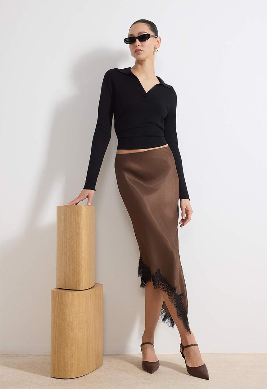 Trendyol - Asymmetric Lace Detail Satin Midi Skirt - Dark Brown