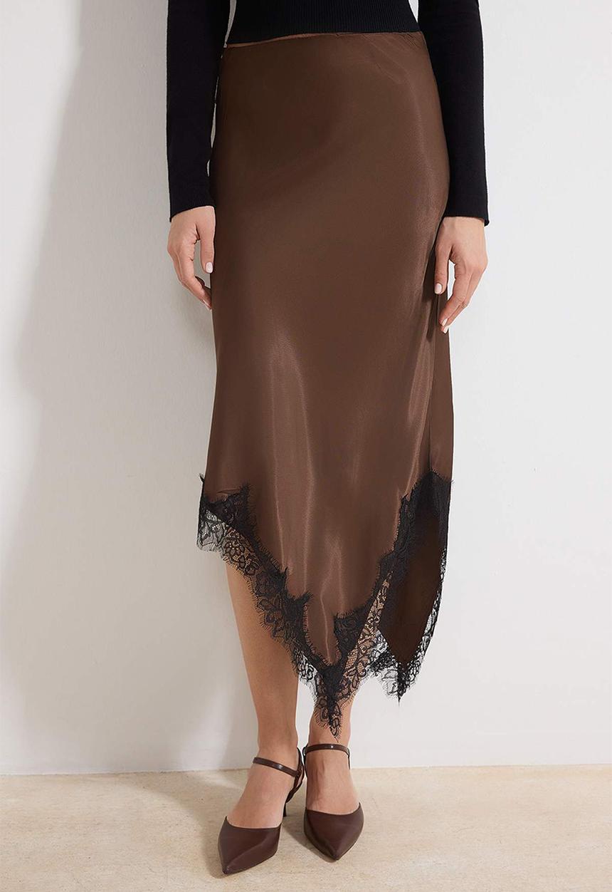 Trendyol - Asymmetric Lace Detail Satin Midi Skirt - Dark Brown