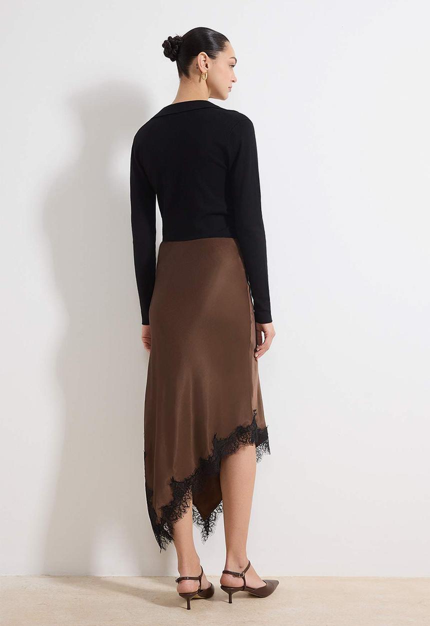 Trendyol - Asymmetric Lace Detail Satin Midi Skirt - Dark Brown