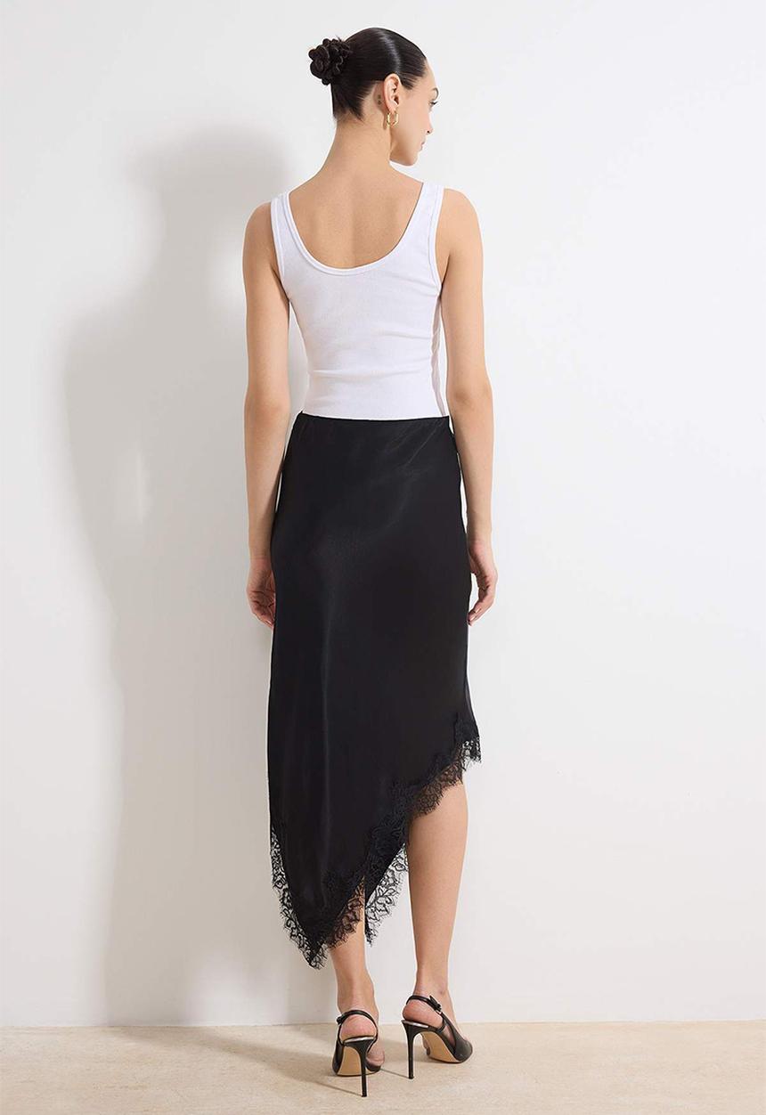 Trendyol - Asymmetric Lace Detail Satin Midi Skirt - Black
