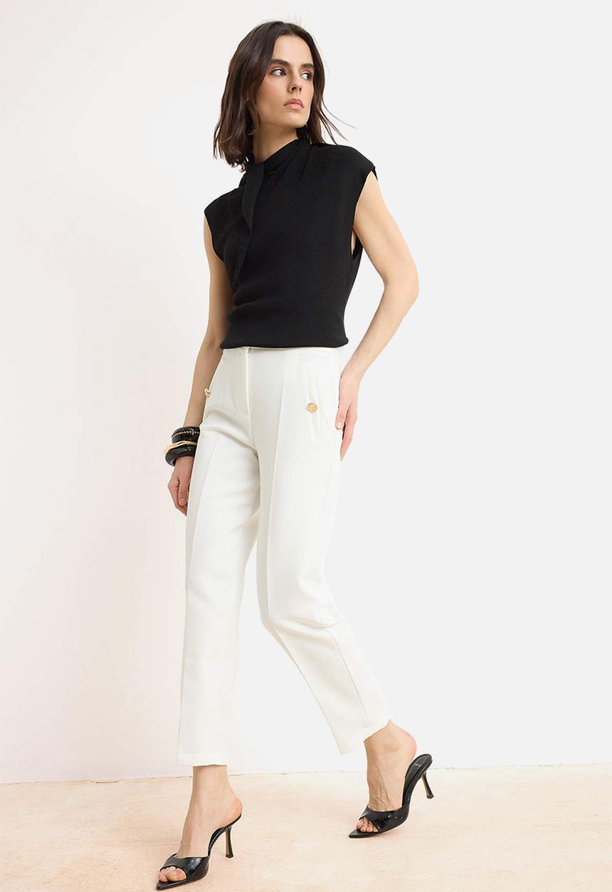 Trendyol - Special Collection Elasticated Waist Trousers with Button Detail - White