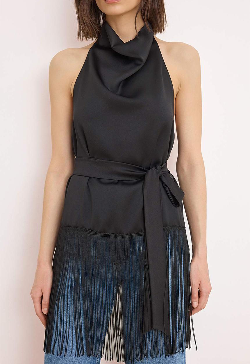 Trendyol - Degaje Collar Satin Blouse with Tassel Detail - Black