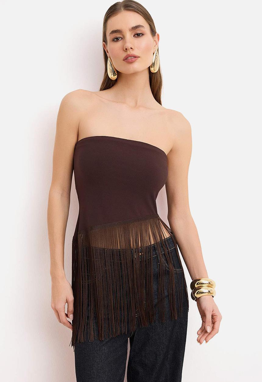 Trendyol - Fitted Blouse with Tassel Detail - Brown