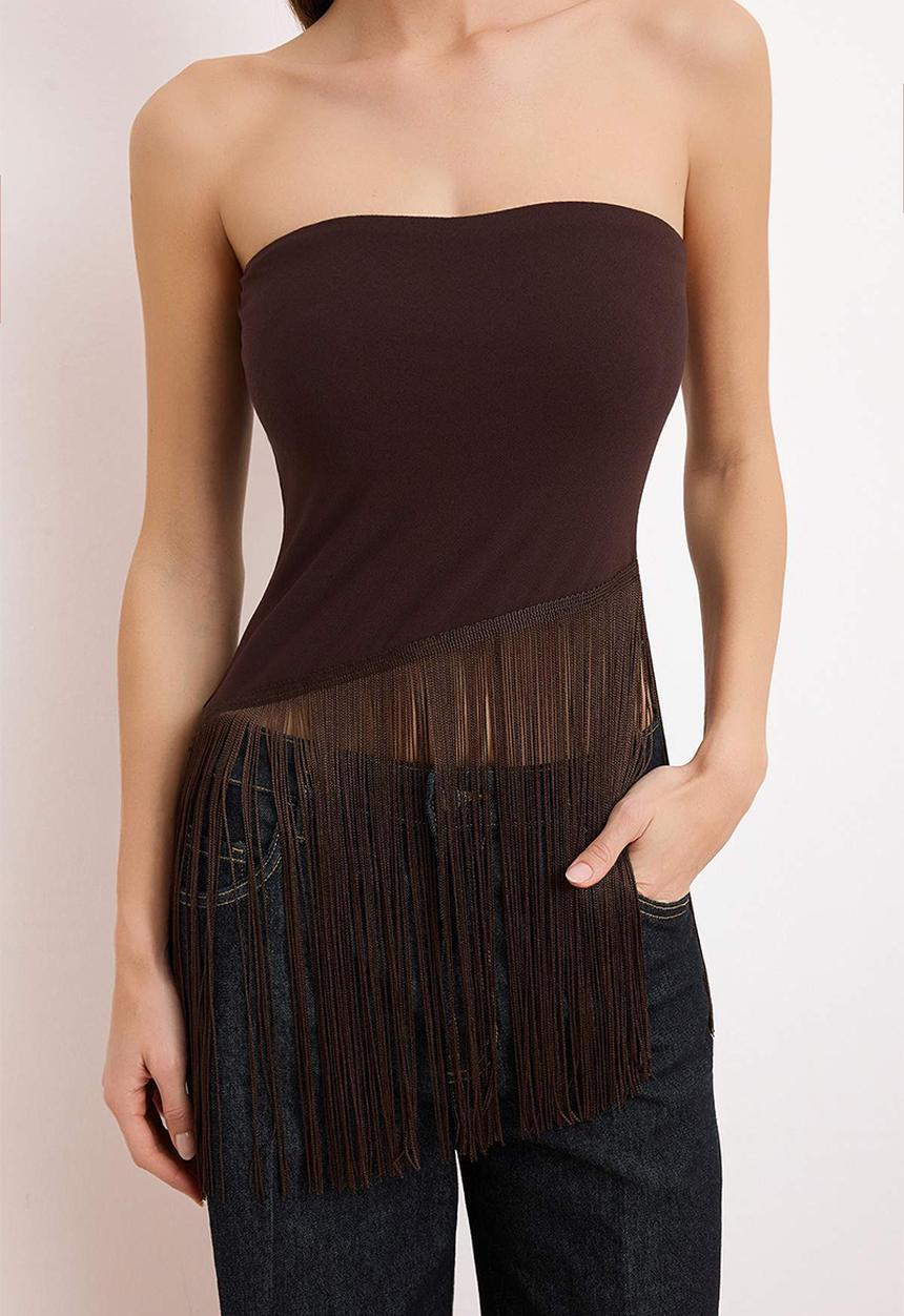 Trendyol - Fitted Blouse with Tassel Detail - Brown