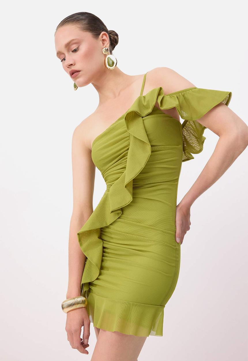 Trendyol - Asymmetric Neckline Bodycon Mini Knit Dress - Pistachio Green