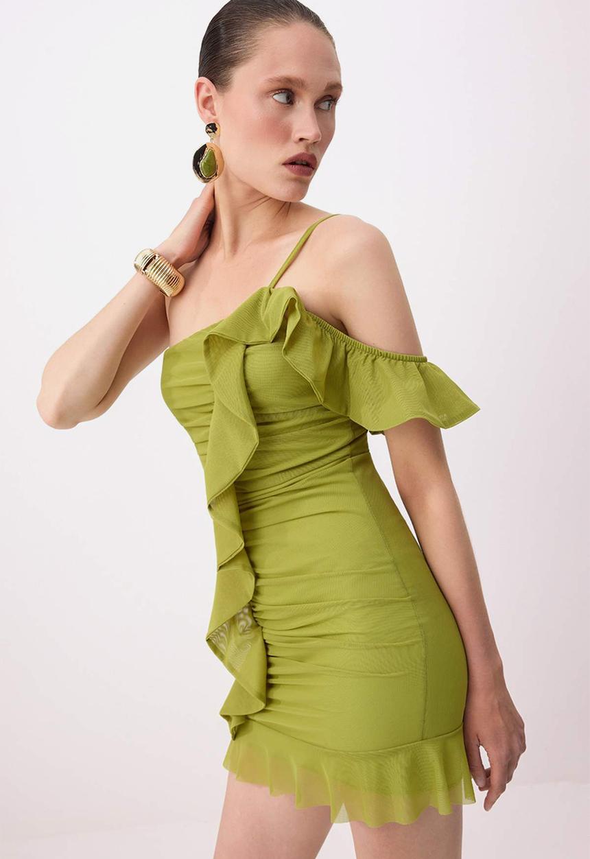 Trendyol - Asymmetric Neckline Bodycon Mini Knit Dress - Pistachio Green