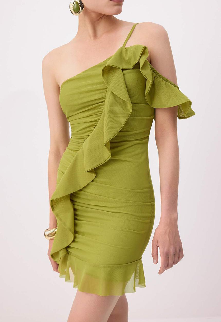 Trendyol - Asymmetric Neckline Bodycon Mini Knit Dress - Pistachio Green