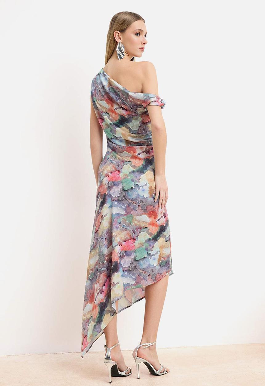Trendyol - Abstract Print Asymmetric Neck Maxi Dress - Multicolour