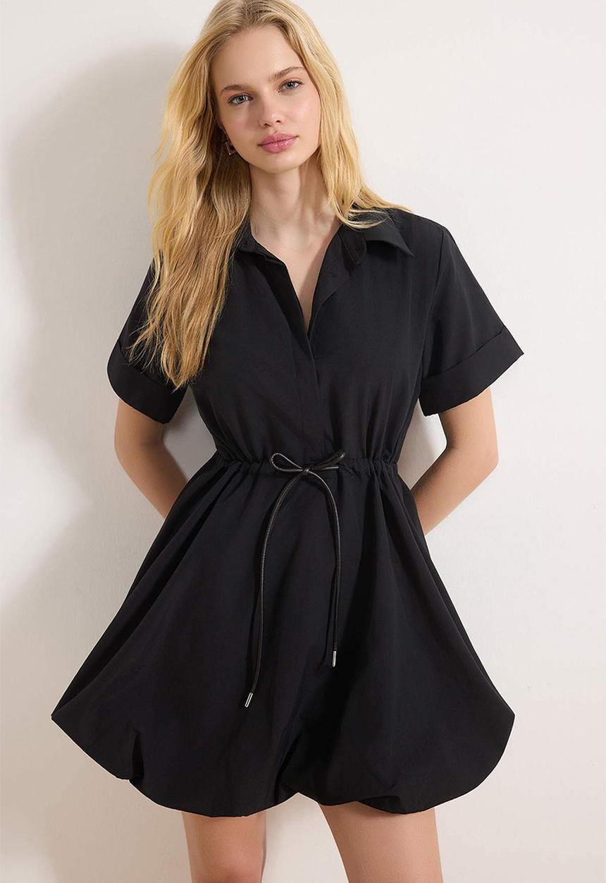 Trendyol - Lace-Up Mini Balloon Skirt Dress - Black