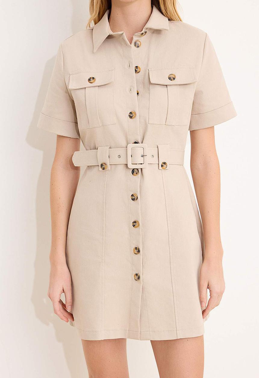 Trendyol - Button and Pocket Detail Belted Shirt Dress - Beige