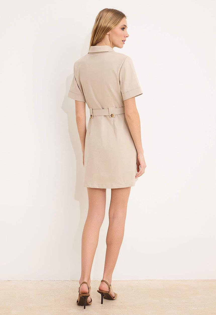 Trendyol - Button and Pocket Detail Belted Shirt Dress - Beige