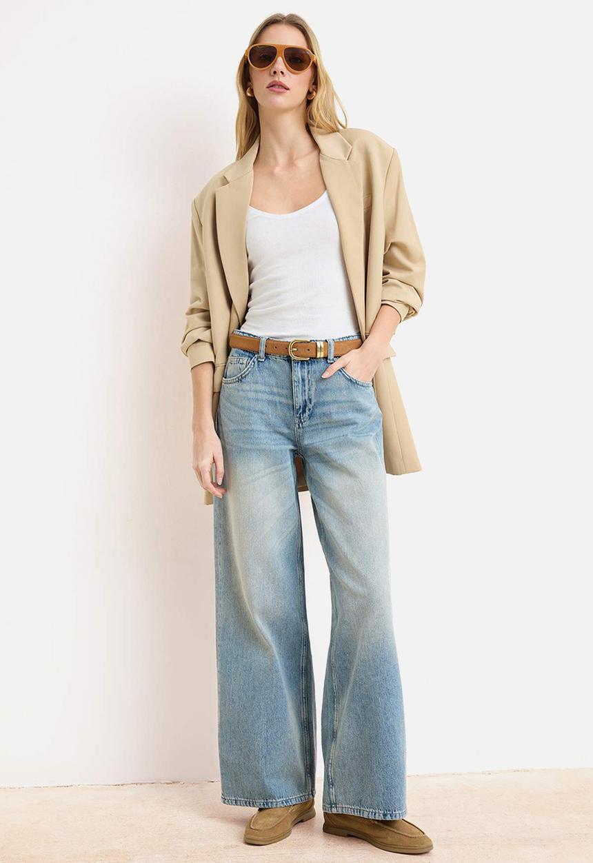Trendyol - Premium Sustainable High-Waist Wide-Leg Cotton Jeans - Blue